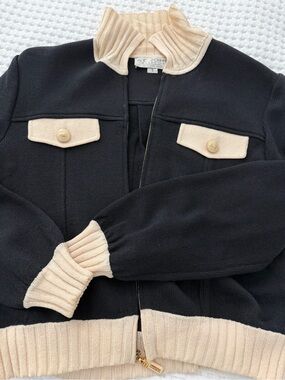St. John Black and Cream Knit Bomber Jacket